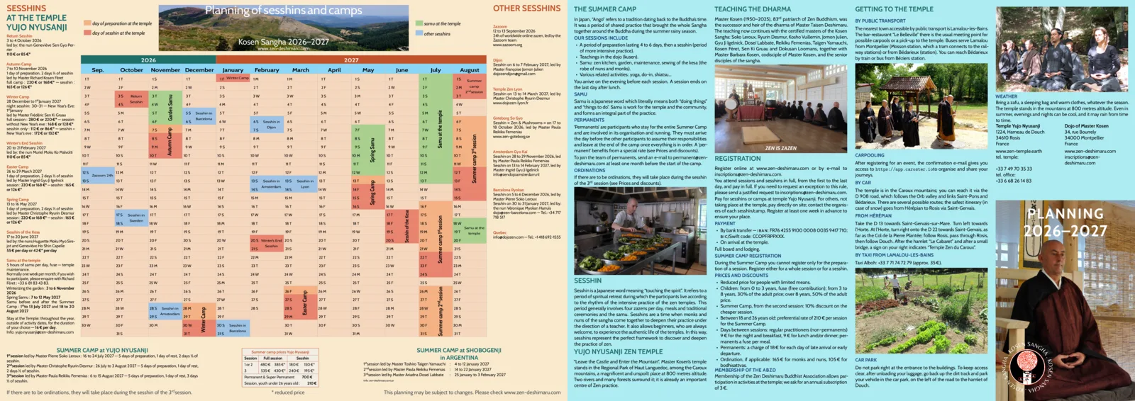 Both pages of the 2026–2027 planning poster rebuilt with docs-as-code: the generated 12-month calendar grid (left) and the program information page (right), in the English edition with the lingering French text corrected