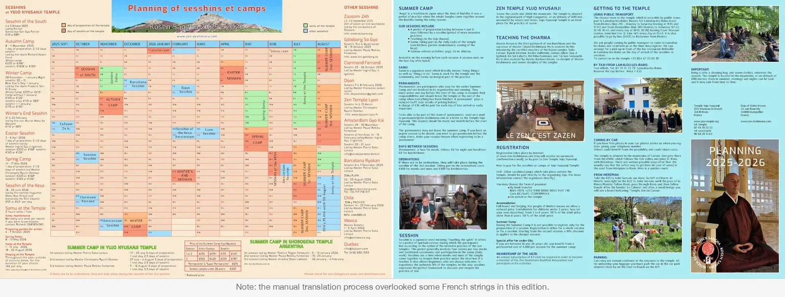 Both pages of the 2025–2026 planning poster: the 12-month calendar grid (left) and the programme information page (right)