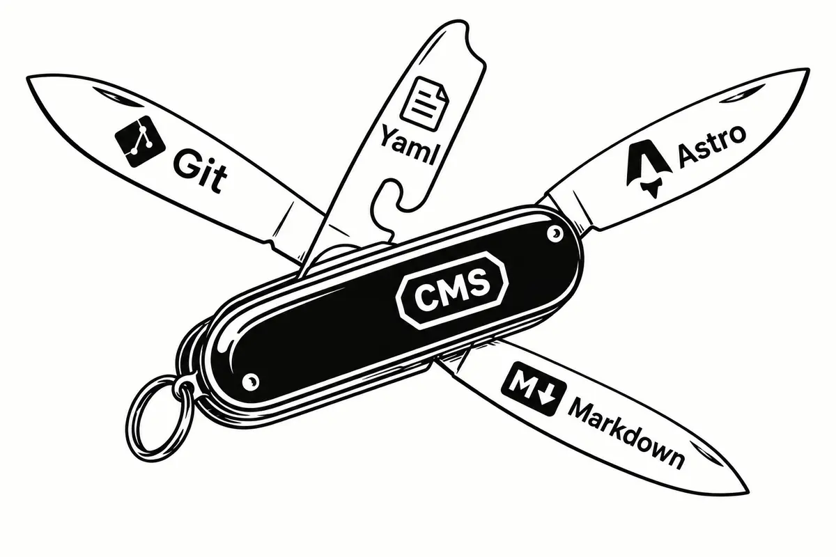 Illustration of a Swiss Army knife with four blades labeled Git, Yaml, Astro, and Markdown, and the word CMS on its handle