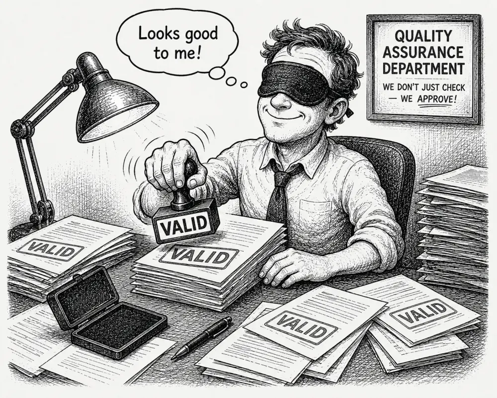 A blindfolded worker under a 'Quality Assurance Department - we don't just check, we approve!' sign rubber-stamps every document 'VALID', thinking 'Looks good to me!'