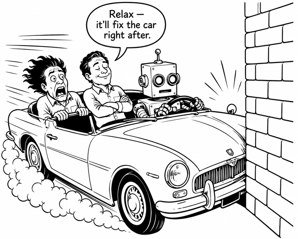 A convertible speeds toward a brick wall; a terrified passenger grips the door while a relaxed driver folds his arms and a robot in the back seat says 'Relax - it'll fix the car right after.'