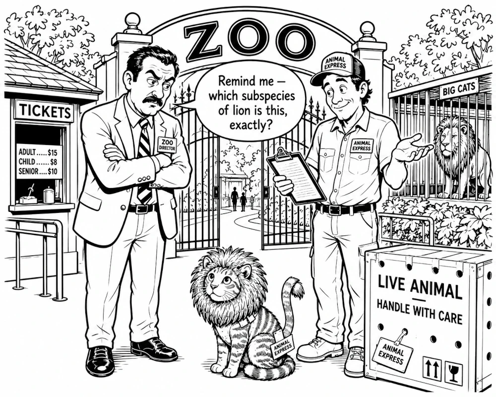 Cartoon at a zoo gate: a skeptical zoo director eyes a tabby cat wearing a lion's mane while an Animal Express courier with a clipboard asks 'which subspecies of lion is this, exactly?' A real lion sits in the Big Cats cage behind.