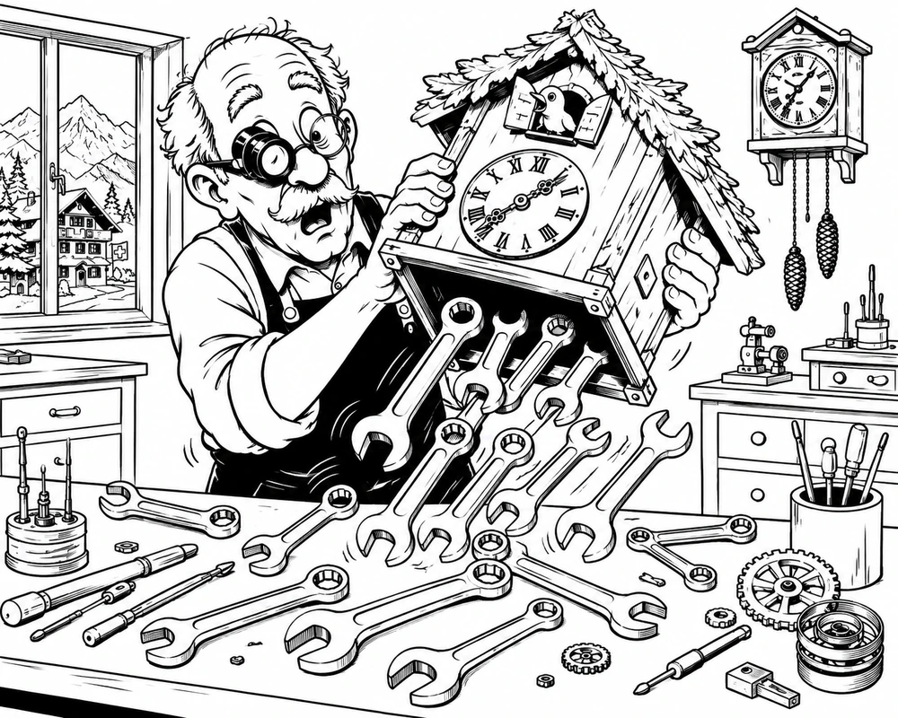 A clockmaker tips a cuckoo clock and dozens of hidden wrenches spill out from inside it onto the workbench.
