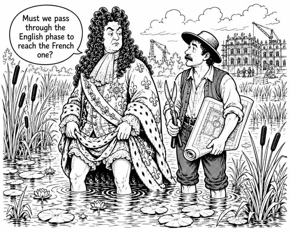 Cartoon: Louis XIV in ornate fleur-de-lys robes wades knee-deep through a reedy marsh, asking a gardener 'Must we pass through the English phase to reach the French one?' The gardener, in a straw hat, holds a rolled formal garden plan and pruning shears; a palace like Versailles rises under construction behind them.